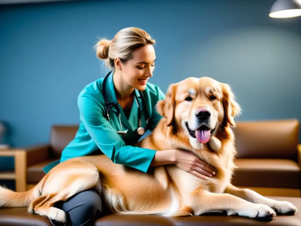 Fisioterapia veterinaria: alivio para tu fiel compañero Un fisioterapeuta experto alivia el dolor de una mascota querida con ternura en un entorno cálido y relajante