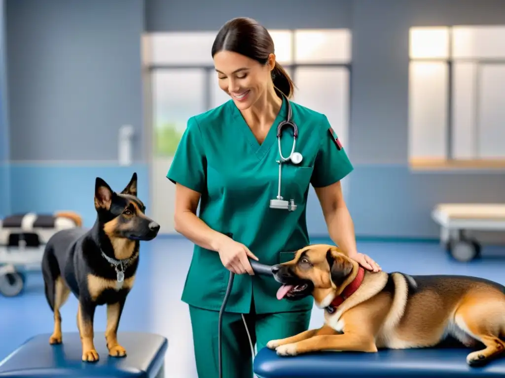 Veterinario especialista guía terapia canina con amor Fisioterapia para aliviar dolor en mascotas: veterinario guía paciente peludo en ejercicios terapéuticos, ambiente de cuidado y sanación