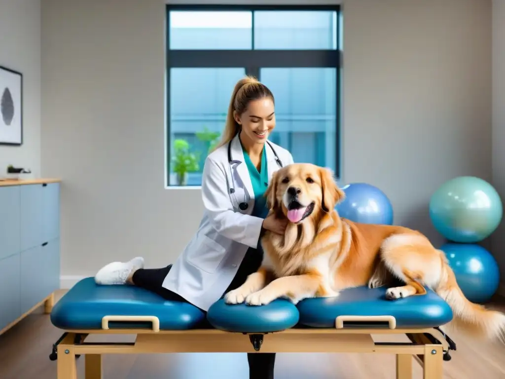 Fisioterapia veterinaria: masaje relajante para golden retriever Fisioterapia para aliviar dolor mascotas: Veterinario masajea cariñosamente a un golden retriever relajado en clínica luminosa