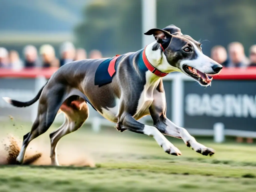 Greyhound en competencia: velocidad y determinación Un galgo compitiendo en una carrera, con determinación en los ojos y músculos tensos