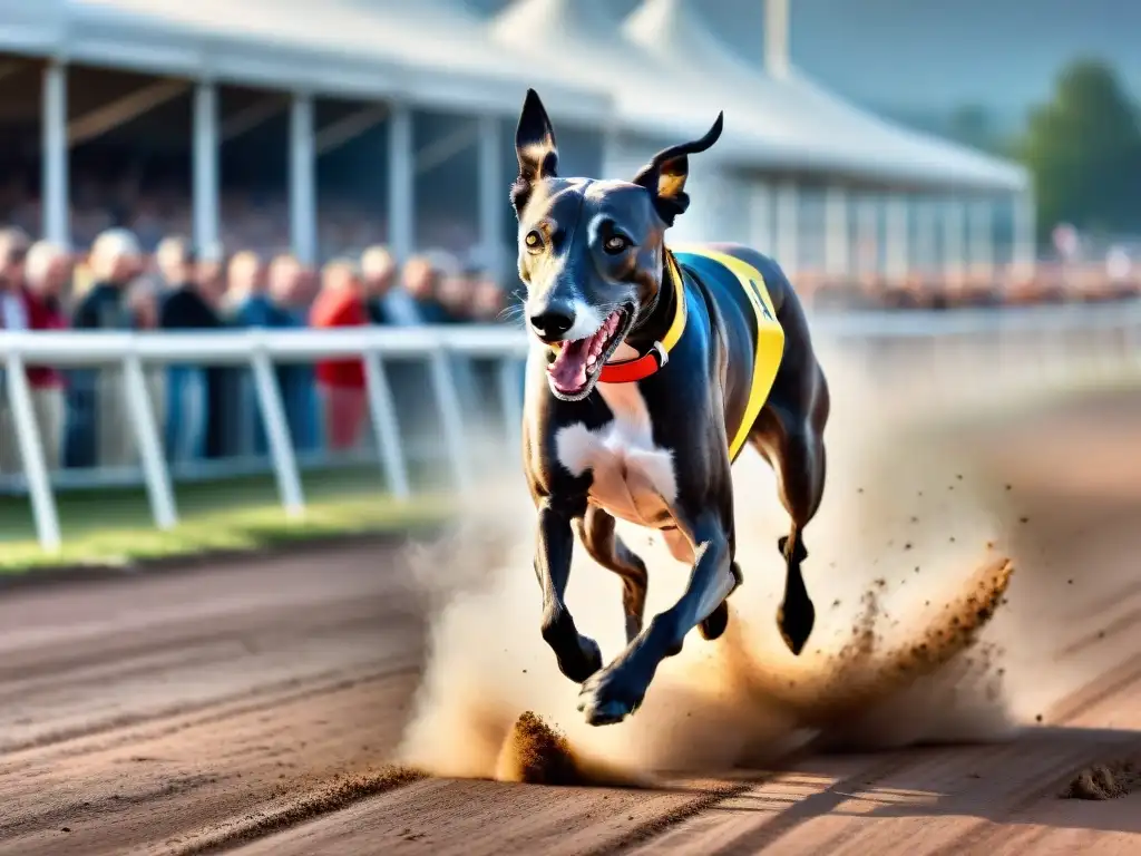 Galgo veloz en la pista: determinación y velocidad Un galgo gris musculoso corre veloz en la pista, expresión determinada