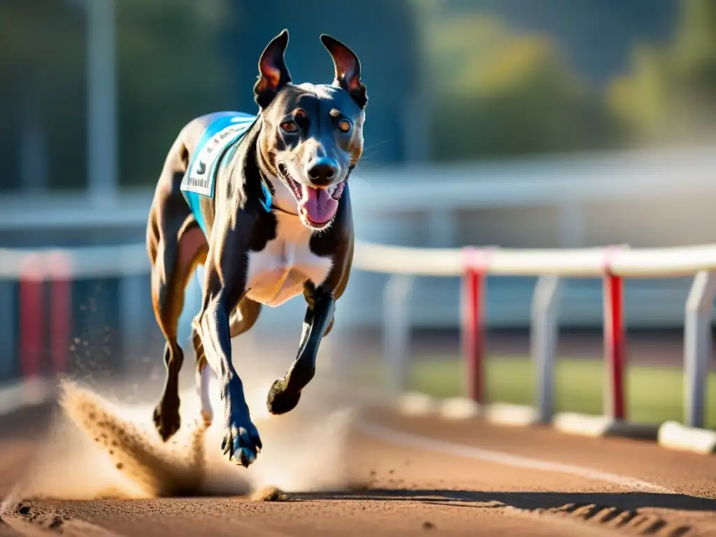 Esencia de competencia: Galgo gris en plena carrera Un galgo musculoso y elegante corre hacia la meta con determinación bajo el sol