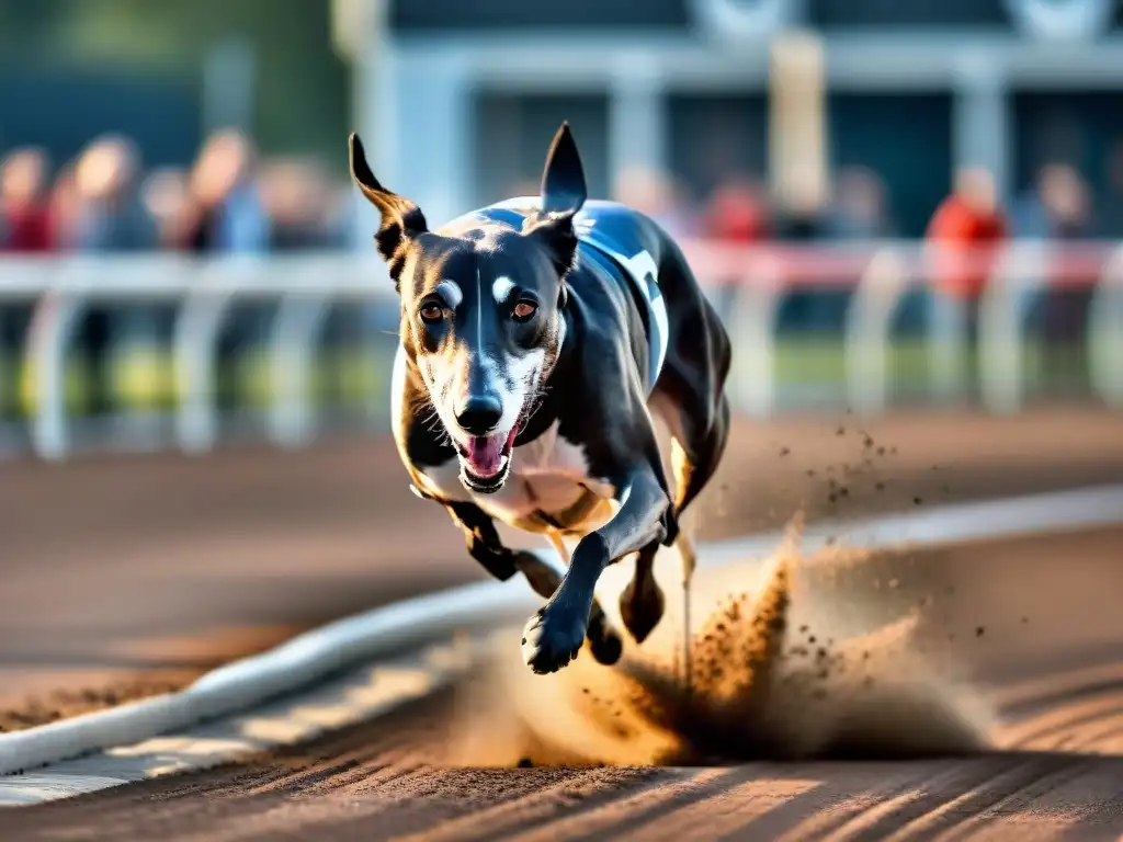 Mirada de velocidad y determinación: Galgo en acción Un galgo en plena competencia, concentrado y veloz, demostrando agilidad y determinación