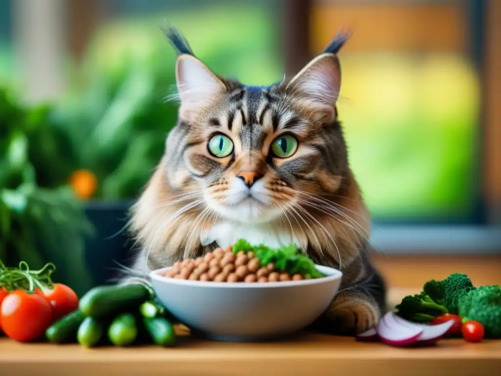 Un gato atigrado disfrutando de comida equilibrada rodeado de vegetales frescos y agua limpia, previniendo enfermedades comunes en gatos