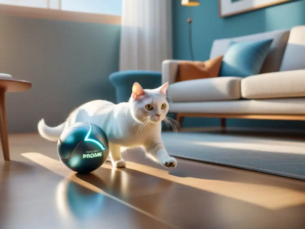 Un gato blanco juega feliz persiguiendo una bola robótica futurista en un salón moderno iluminado por el sol