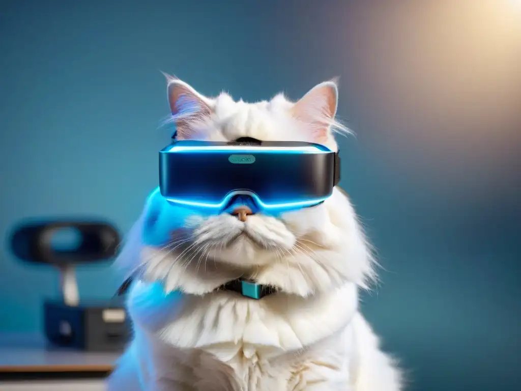 Headset de realidad virtual para mascotas: fusión de tecnología y cariño Un gato persa blanco con un headset de realidad virtual futurista, recibiendo entrenamiento en software para mascotas