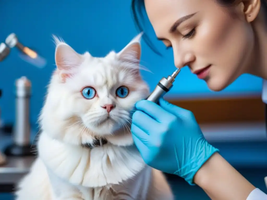 Un gato blanco de ojos azules en una consulta veterinaria, con un veterinario examinando su oído