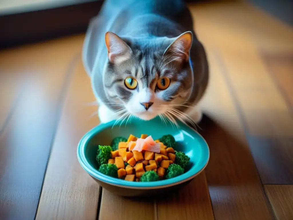 Gato doméstico feliz disfrutando de comida premium en un bowl moderno Un gato doméstico elegante disfruta de alimentos premium en una transición a una dieta más saludable