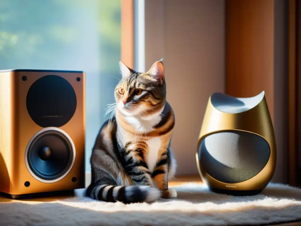 Relajación felina: música calmante para gatos Un gato doméstico tranquilo escucha músicaoterapia junto a un altavoz
