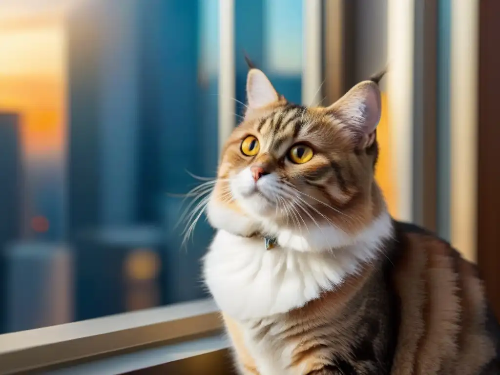 Gato hipoalergénico: detalle único de pelaje y mirada dorada Un gato hipnotizante con pelaje brillante, ojos dorados y expresión gentil en un alféizar soleado