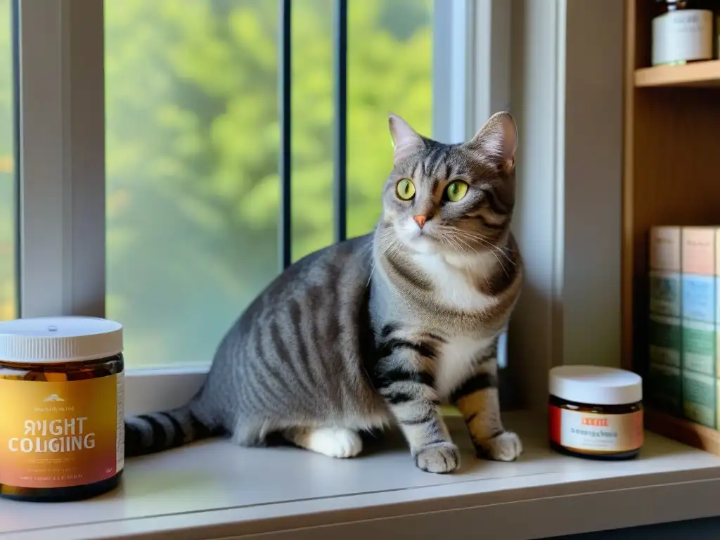 Suplementos para gatos mayores: sabiduría felina en la ventana Un gato mayor gris y sabio descansa en un cómodo mirador, con estantes llenos de suplementos nutricionales para gatos seniors
