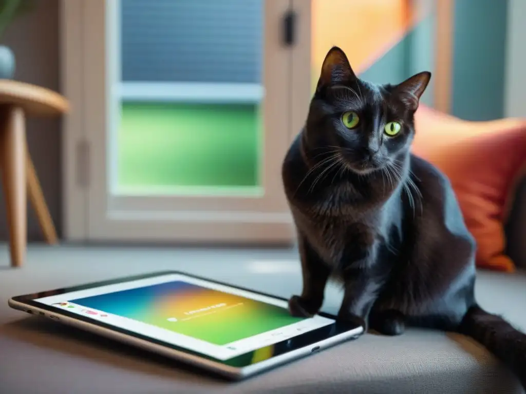 Entrenamiento felino moderno: gato negro cautivado por app de colores Un gato negro concentrado en una app de entrenamiento, en un acogedor salón iluminado por el sol