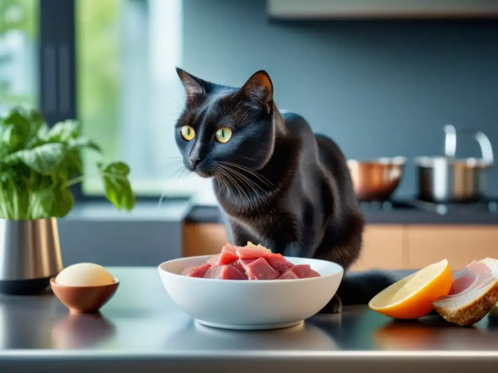 Gato negro curioso disfrutando dieta natural en cocina moderna Un gato negro elegante y curioso olfatea carne cruda en una cocina moderna