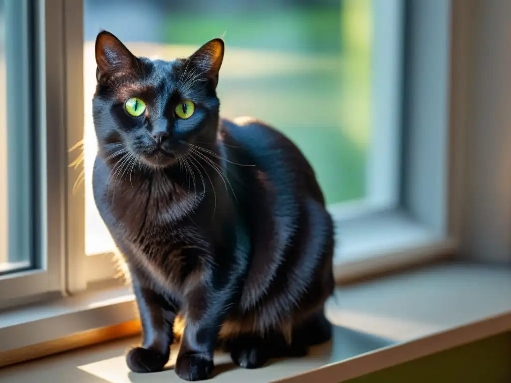 Un gato negro elegante con ojos verdes vibrantes en una ventana soleada, transmitiendo misterio y gracia felina