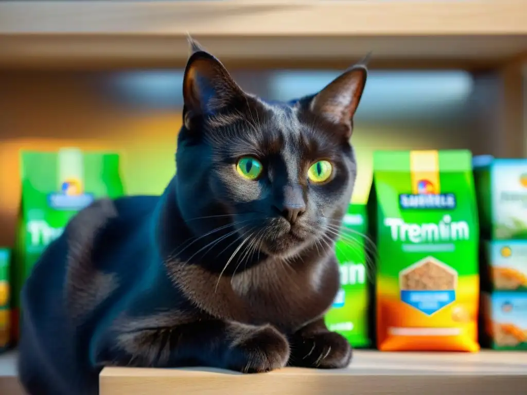 Mirada felina: Transición a dieta premium Un gato negro con ojos verdes intensos, listo para la transición a alimentos premium