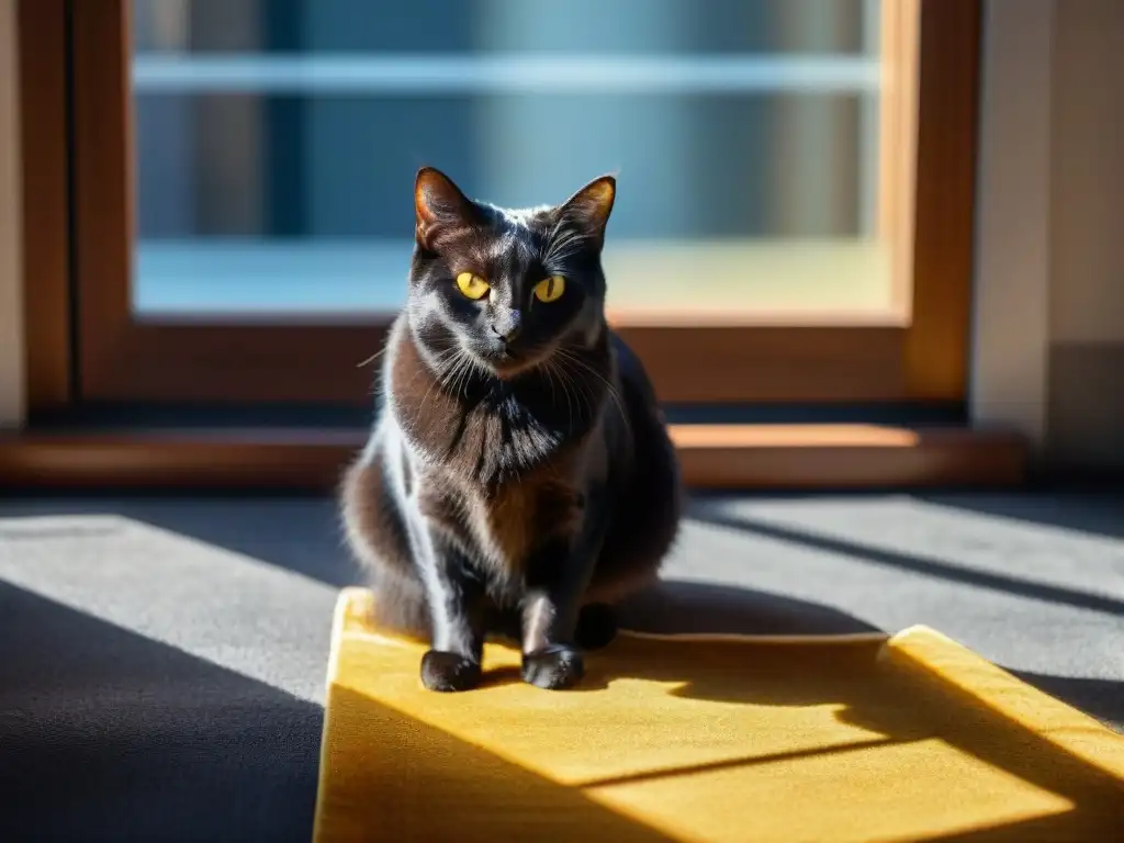 Realeza felina: gato negro elegante bajo la luz del sol Un gato negro regio relamiéndose la pata en el sol, destacando su pelaje lujoso