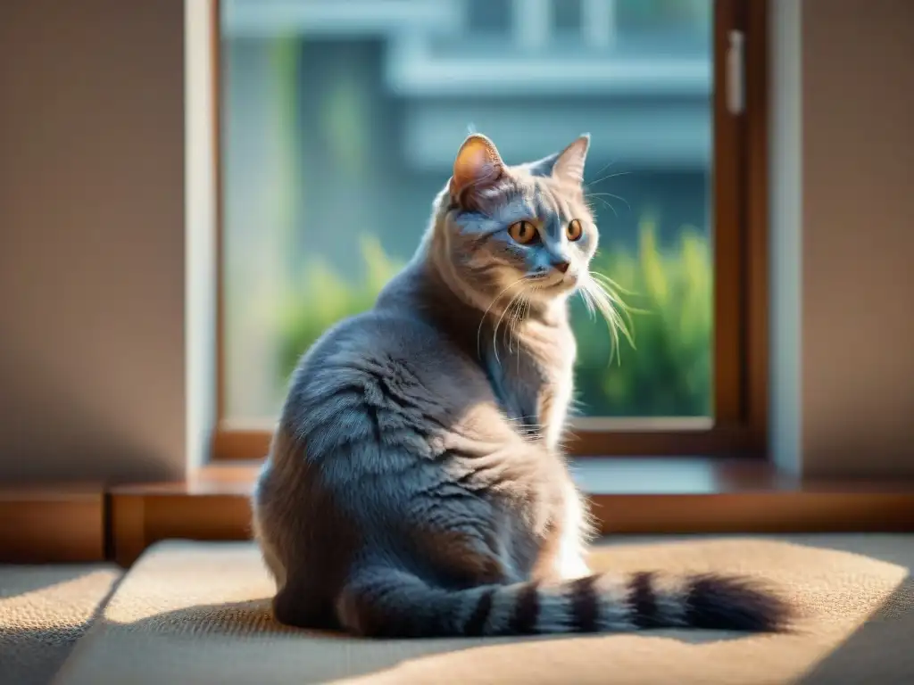 Gato hipoalergénico de pelaje plateado y gris Un gato hipolergénico de pelaje suave y esponjoso, en tonos plateados y grises, mirando serenamente al horizonte en un hogar tranquilo