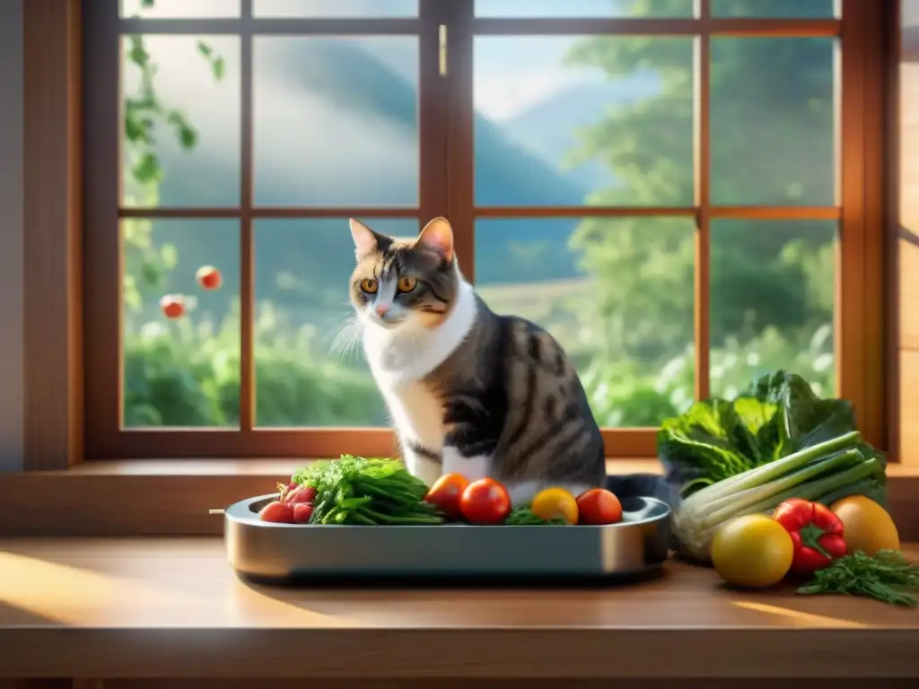 Gato feliz y saludable disfrutando una comida cruda Un gato radiante disfrutando de una alimentación cruda en un ambiente natural y saludable