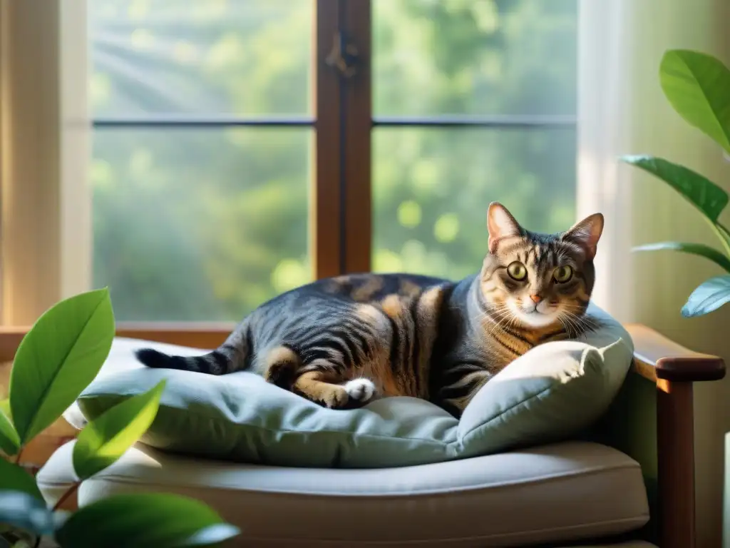 Un gato relajado disfruta del sol en un acogedor salón con vista al jardín, promoviendo la prevención enfermedades comunes gatos
