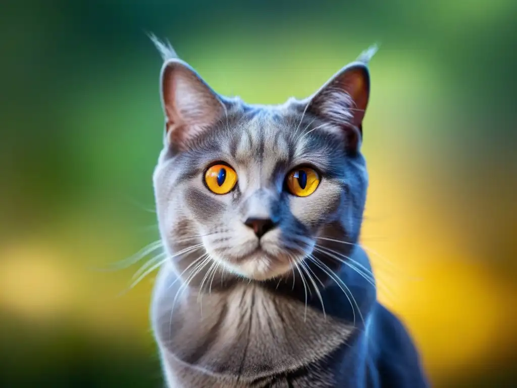 Retrato detallado de un gato sano y radiante en hogar acogedor Un gato saludable y atento, con pelaje brillante y bigotes vibrantes, en un ambiente acogedor iluminado por luz natural