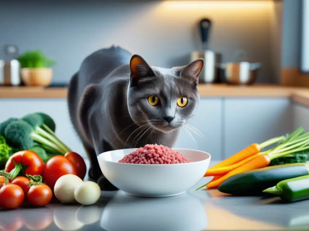 Cat sano disfrutando de dieta cruda en cocina tranquila Un gato sano disfruta de una alimentación cruda llena de nutrientes en una cocina tranquila