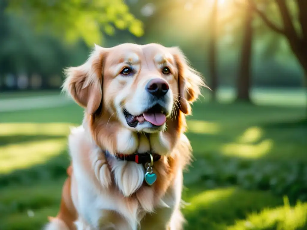 Dispositivo GPS de alta tecnología en collar de perro en parque verde Un GPS para mascotas seguro en el collar de un tierno golden retriever en un parque soleado