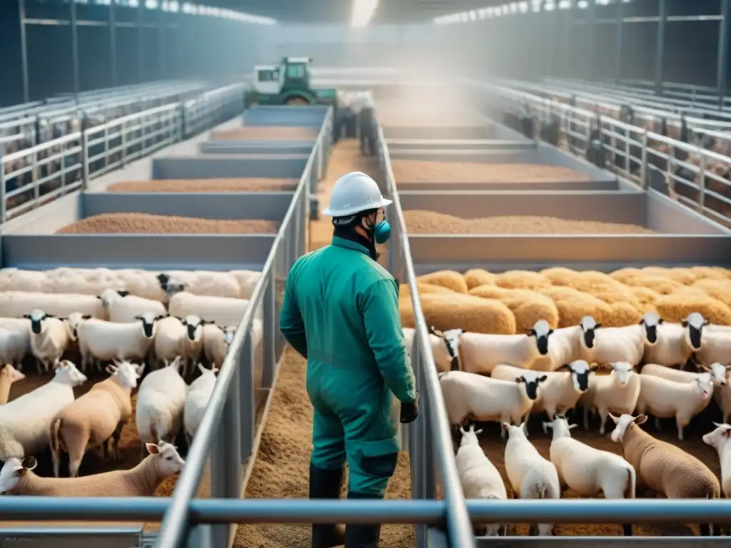 Granja industrial: controversia y eficiencia en la alimentación animal Una granja industrial abarrotada con trabajadores y animales en corrales, bajo luces industriales intensas