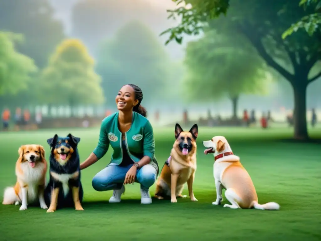 Niños y perros felices jugando en parque: diversión y armonía Grupo alegre de niños y perros jugando en parque verde