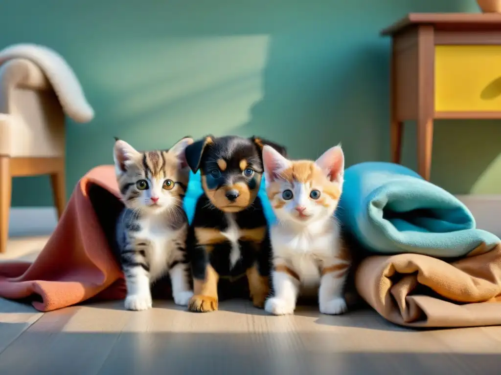Encantadora convivencia: cachorros y gatitos jugando juntos en armonía Grupo de cachorros y gatitos jugando juntos en una habitación soleada, fomentando la socialización temprana entre las crías