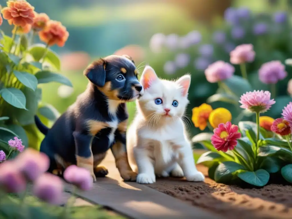 Tierna escena: Cachorros y gatitos jugando en jardín soleado Grupo de cachorros y gatitos jugando juntos en un jardín soleado lleno de flores