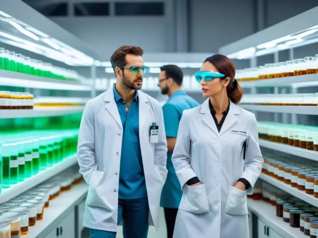 Analizando aditivos alimentarios en laboratorio Un grupo de científicos analiza aditivos en alimentación animal, con seriedad y profesionalismo en un laboratorio iluminado