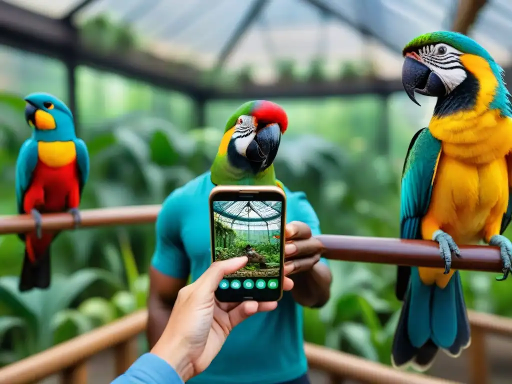 Profesionales de aves: tecnología y cuidado en aviario Un grupo diverso usa apps de cuidado aves mascota rodeados de aves coloridas en un aviario, fusionando tecnología y naturaleza