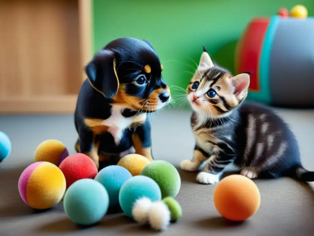 Tierna socialización de cachorros y gatitos en guardería de mascotas Grupo diverso de cachorros y gatitos jugando y socializando en centro de cuidado de mascotas vibrante