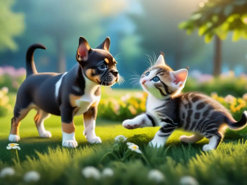 Amistad animal: cachorros y gatitos jugando en un parque al atardecer Un grupo diverso de cachorros y gatitos jugando juntos en un parque, reflejando la alegría y la importancia de la socialización entre especies