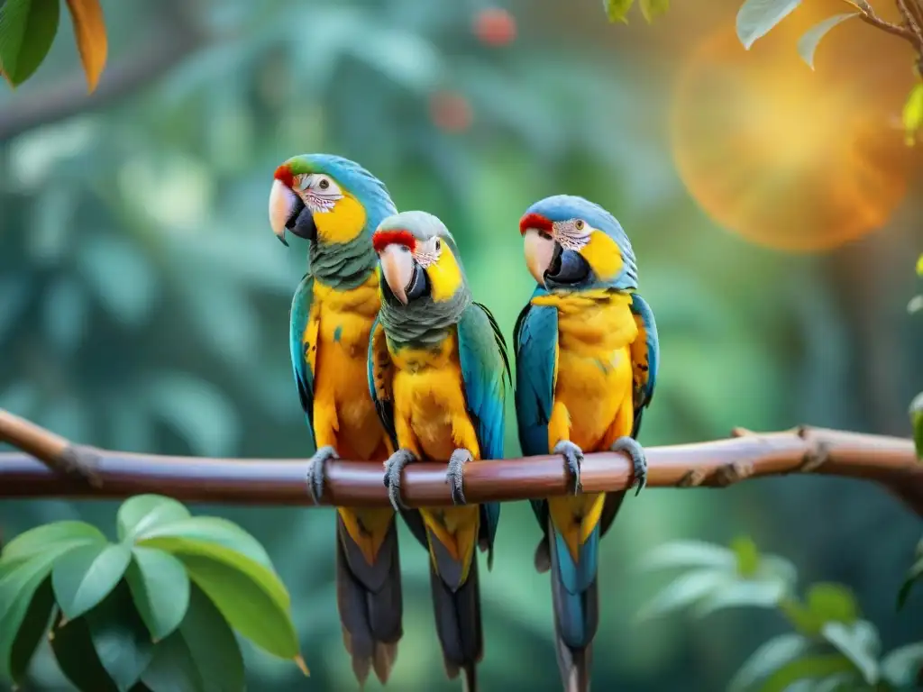 Exuberante aviario: coloridos loros socializando Un grupo diverso de coloridos loros en una exuberante jaula, resaltando la importancia de la socialización en aves mascotas