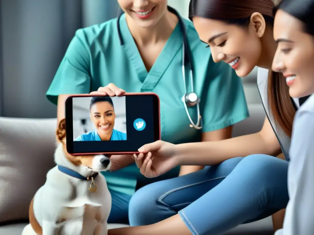 Consulta veterinaria online: confianza y cuidado para tus mascotas Un grupo diverso de dueños de mascotas interactúa con profesionales veterinarios a través de apps