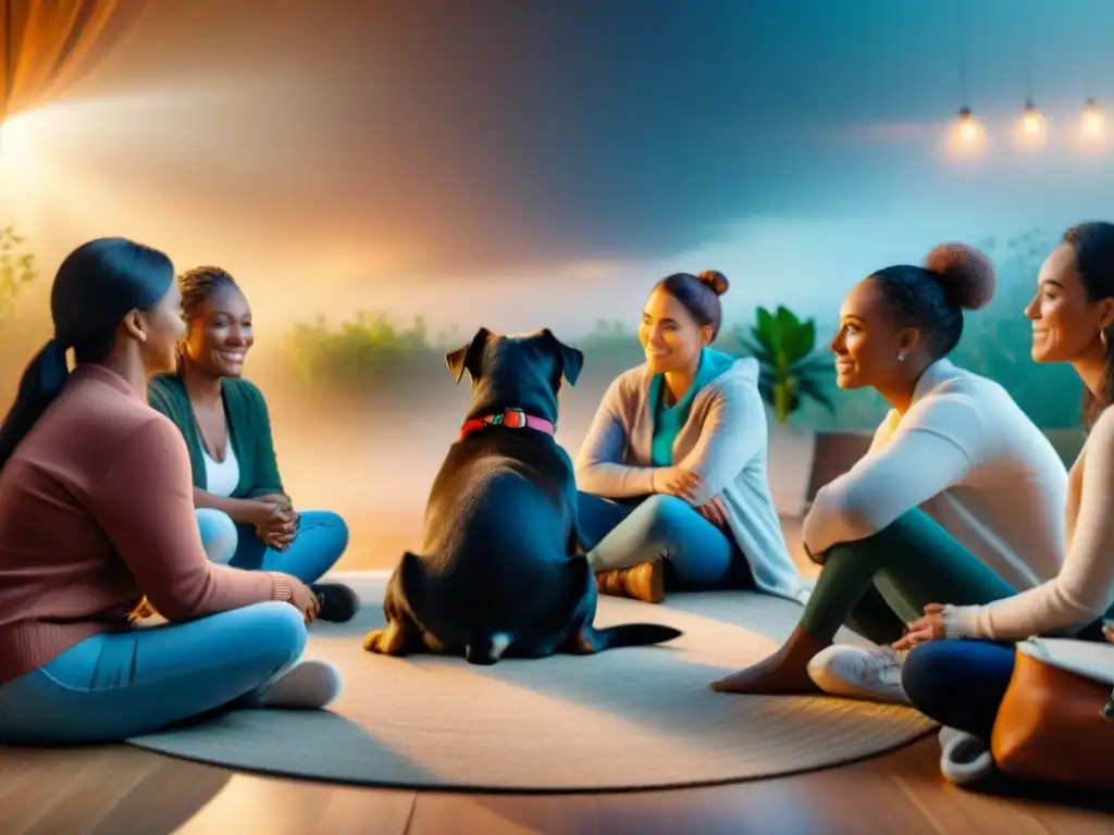 Apoyo y empatía: Grupo de apoyo online para la pérdida de mascotas Un grupo diverso comparte historias y apoyo en línea duelo mascota, en un ambiente acogedor y cálido