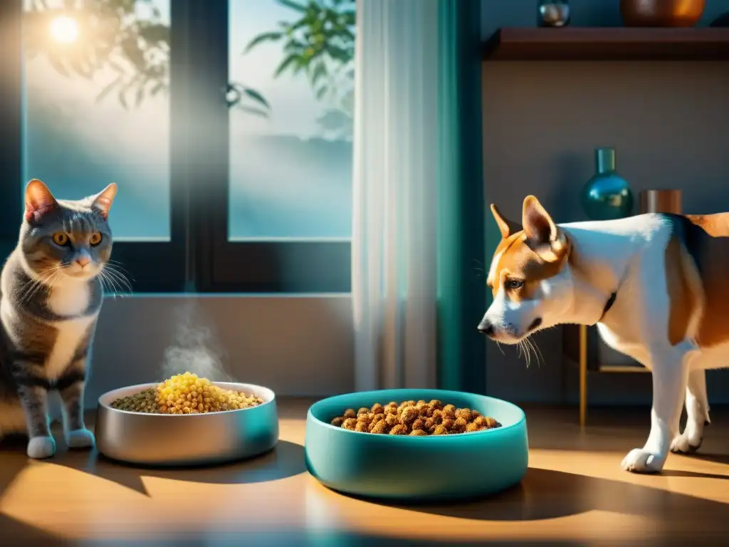 Armonía entre mascotas: diversidad y cooperación en la convivencia Un grupo diverso de mascotas come en armonía de distintos platos, evitando competencia