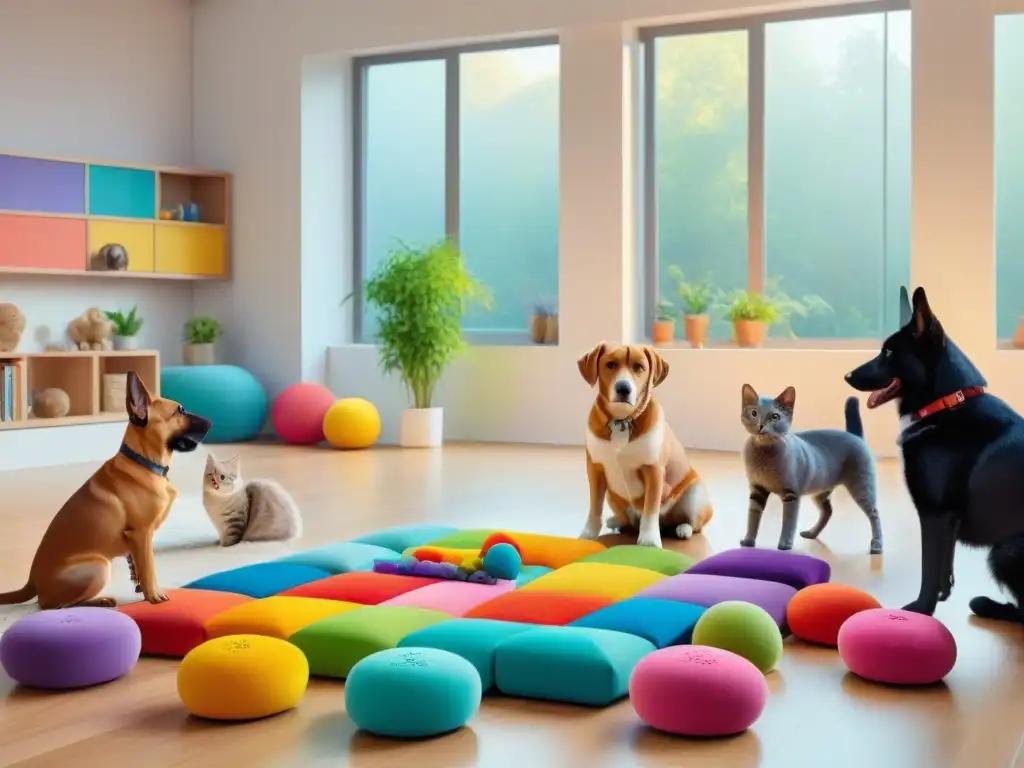 Grupo diverso de mascotas felices participando en estimulación mental