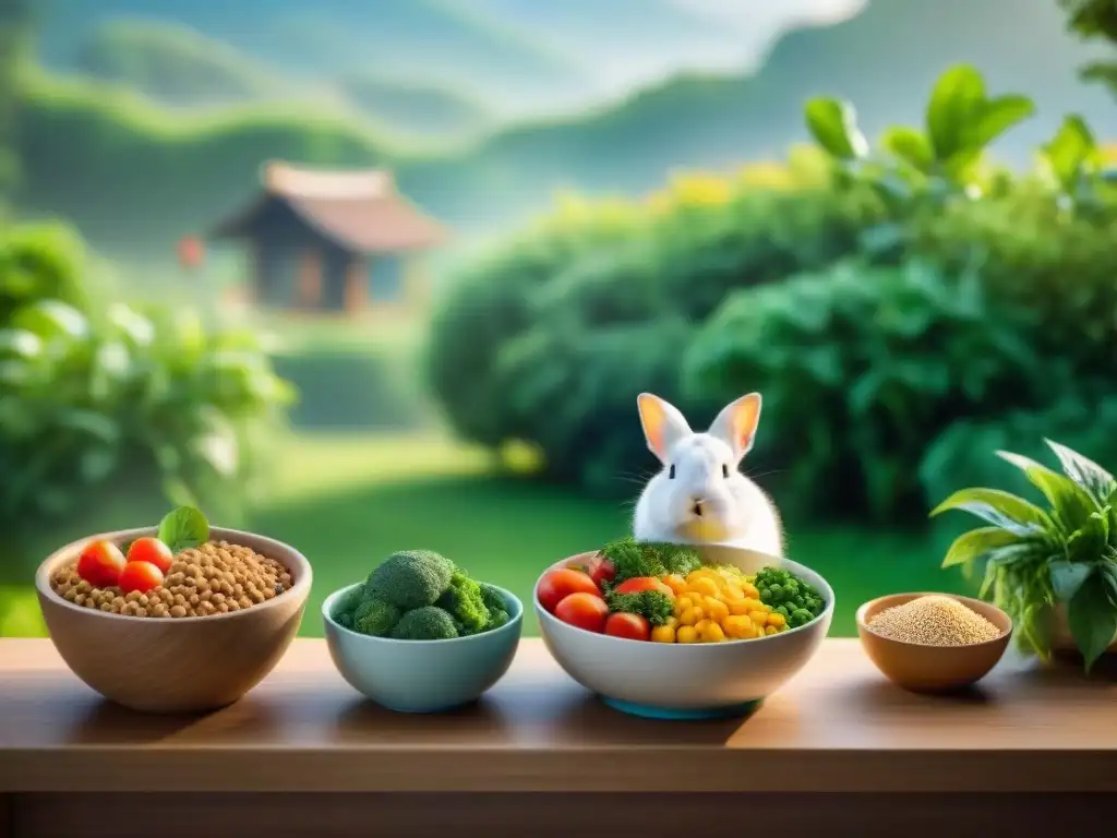 Mascotas felices y saludables disfrutando una dieta vegetariana balanceada Grupo diverso de mascotas felices y saludables disfrutando de alimentos vegetarianos seguros en un entorno natural y soleado