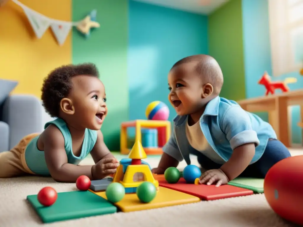 Infancia en armonía: niños jugando felices en sala de juegos colorida Un grupo diverso de niños juega con alegría en una sala llena de juguetes coloridos, fomentando la cooperación y reduciendo la agresividad