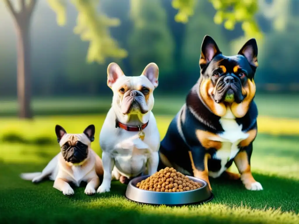 Grupo diverso de perros adultos en hermoso prado con comida balanceada Un grupo diverso de perros adultos sentados en un prado, midiendo porciones de comida