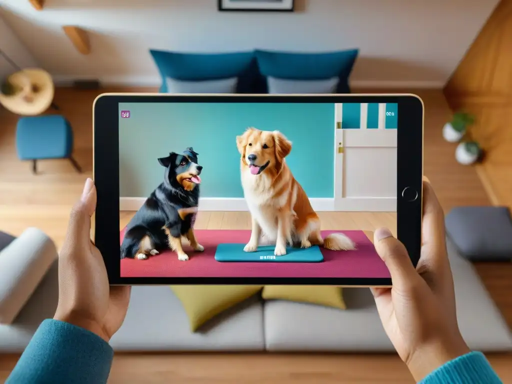 Entrenamiento canino innovador: diversidad de razas en acción Grupo diverso de perros interactuando con las mejores apps entrenamiento mascotas 2023 en una sala luminosa y moderna, detallada imagen 8k
