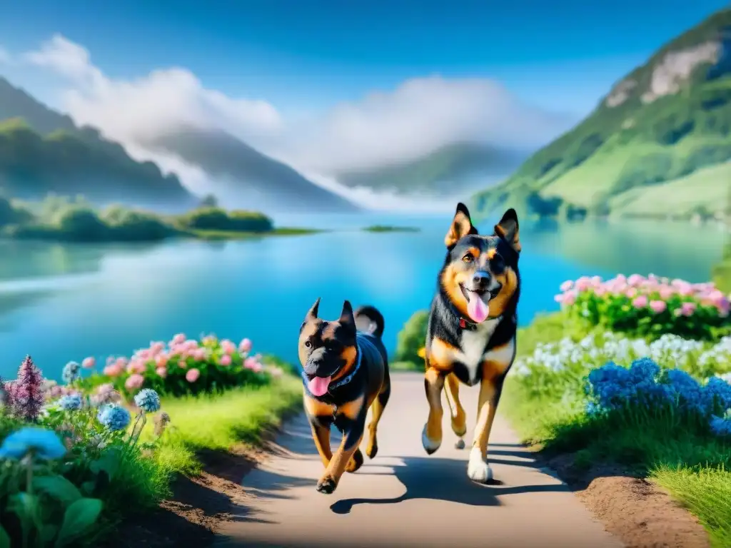 Perros felices lucen trackers en parque verde Un grupo diverso de perros corre alegremente con rastreadores de actividad en un parque verde exuberante