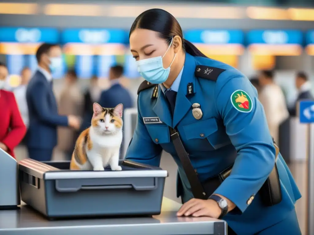 Control de mascotas en aeropuerto: diversidad y responsabilidad Un grupo diverso de viajeros en un aeropuerto internacional, cada uno con su mascota en transportín