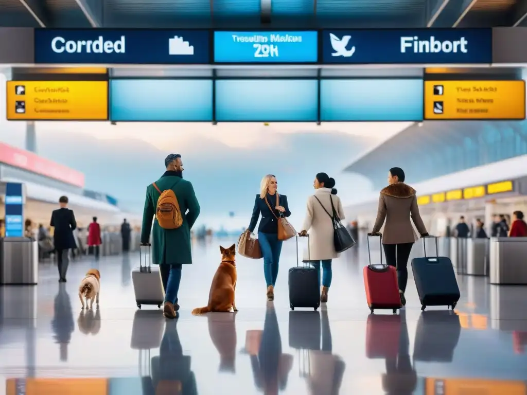 Viajeros del mundo con mascotas en aeropuertos internacionales Un grupo diverso de viajeros con sus mascotas en aeropuertos internacionales, siguiendo regulaciones internacionales viajes mascotas