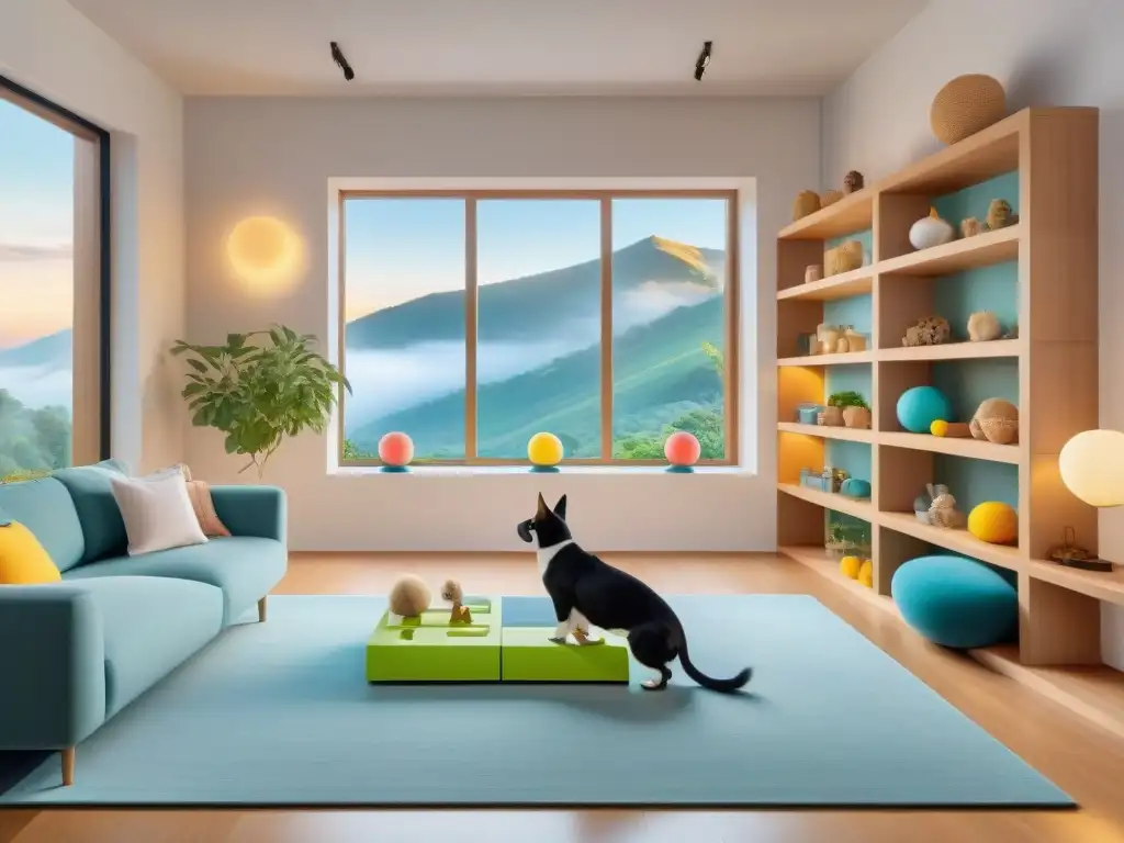 Un grupo de mascotas diversas disfrutando de actividades de estimulación mental en un acogedor salón