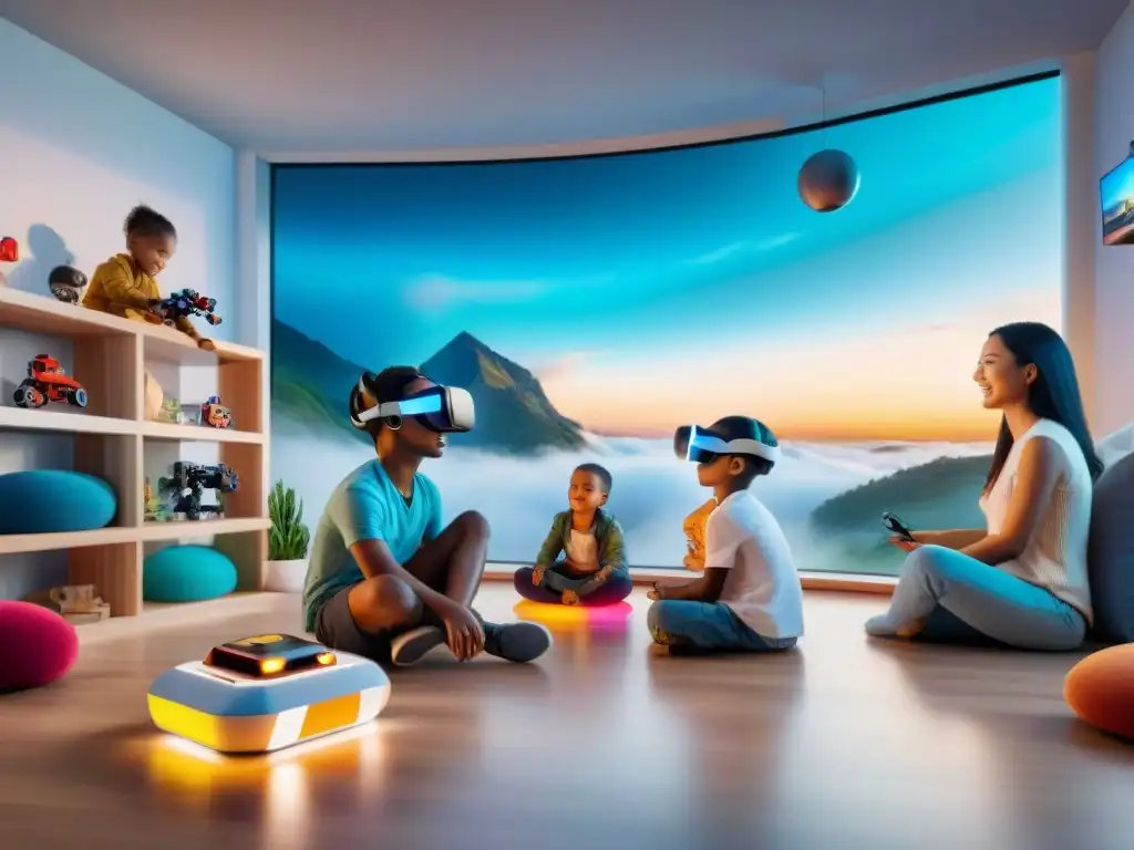 Un grupo de niños juega con juguetes tecnológicos en una sala moderna y luminosa