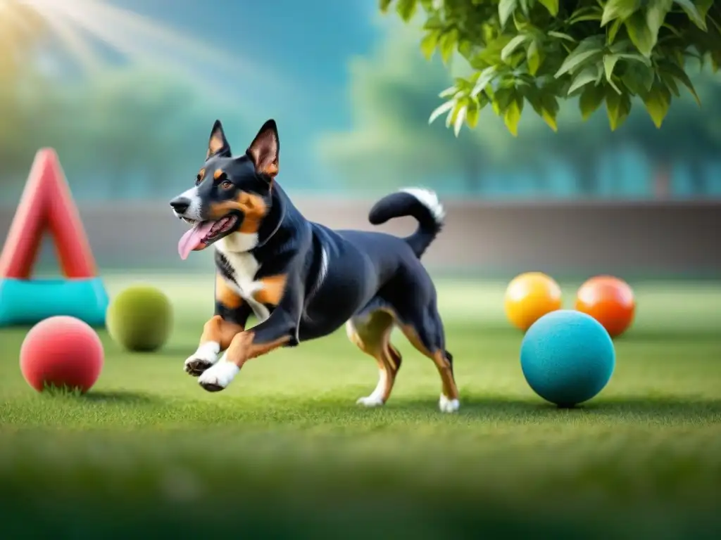 Parque canino: diversión y socialización entre perros de diferentes razas Un grupo de perros diversos interactuando y jugando felices en un parque canino, mostrando la importancia de la socialización y adiestramiento mascota