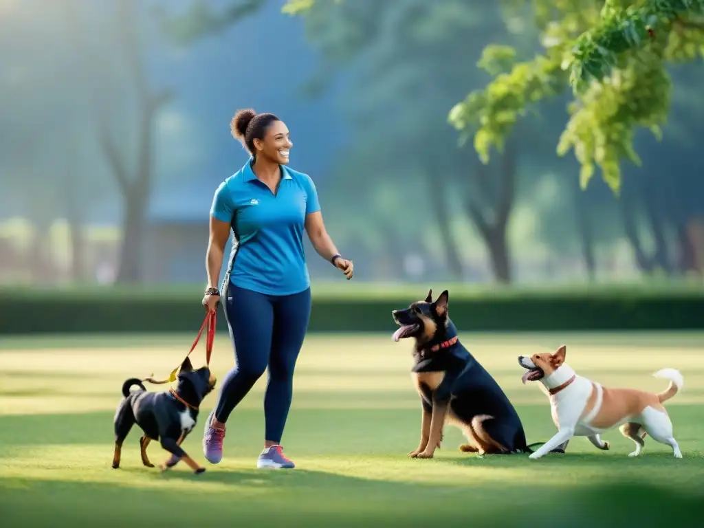 Entrenamiento canino en parque: diversión y obediencia Grupo variado de perros jugando y entrenando con un adiestrador en un parque soleado